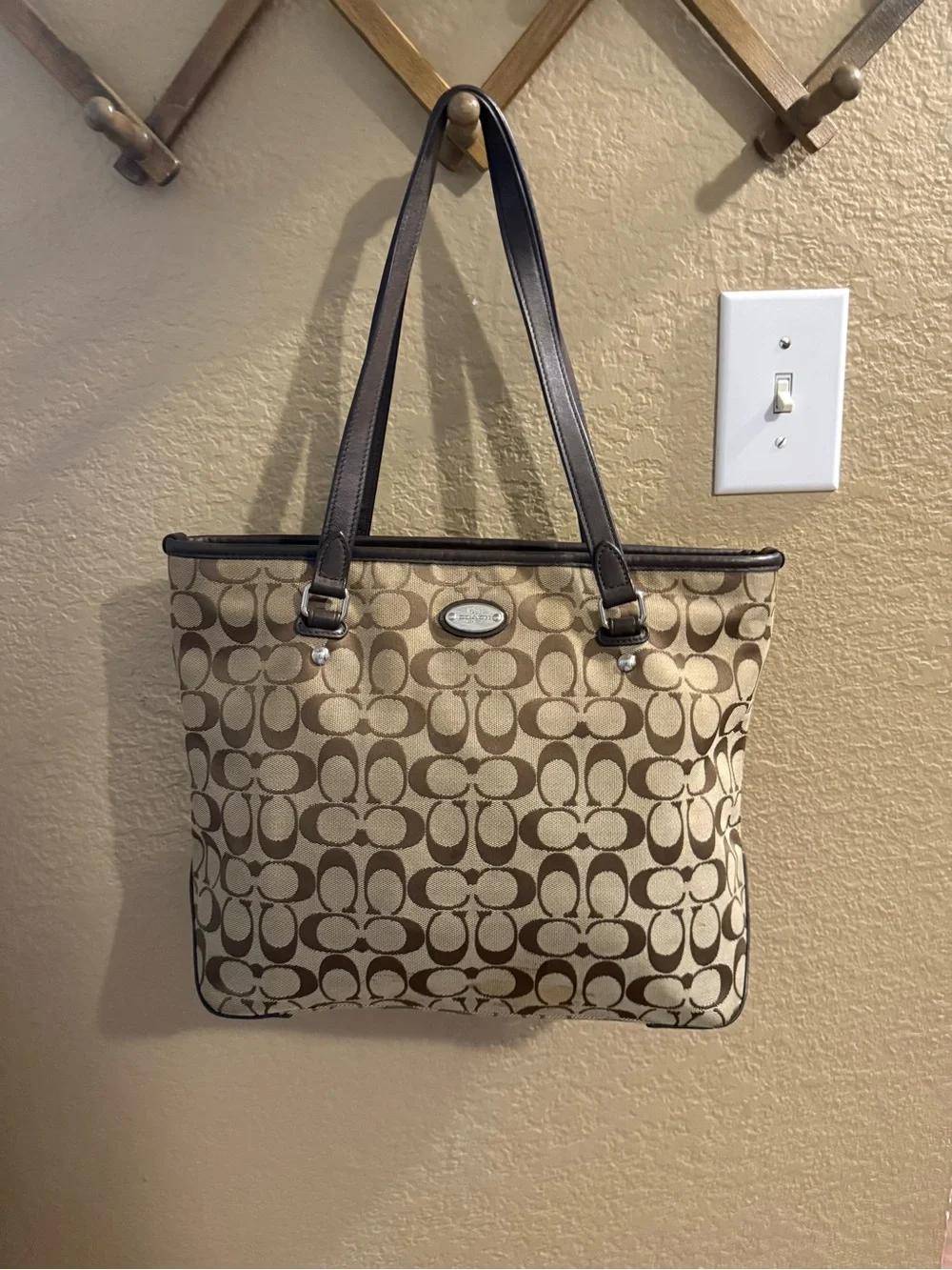 Coach Canvas Signature Tote in Khaki and Brown
